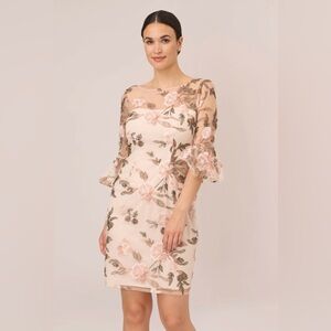 ADRIANNA PEPELL FLORAL EMBROIDERED BELL SLEEVE SHEATH DRESS